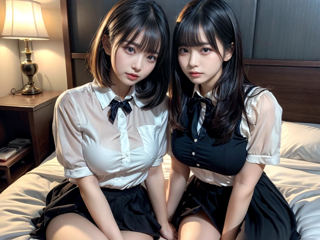 masterpiece, best quality, illustration, Super detailed, fine details, High resolution, 8K,wall paper, perfect dynamic composition,(Details High quality, realistic depiction of eyes:1.3), ((2 girls)),(collared shirt:1.1), pleated skirt, short bob hair、black hair color, Big Natural Color Lip, Play with each other,Touching each other's bodies,Touching the body of the girl next door,bold sexy pose, crying a little、20 year old girl、beautiful legs, hotel room, gravure idol, Voluptuous thighs, large breasts, Don't expose it