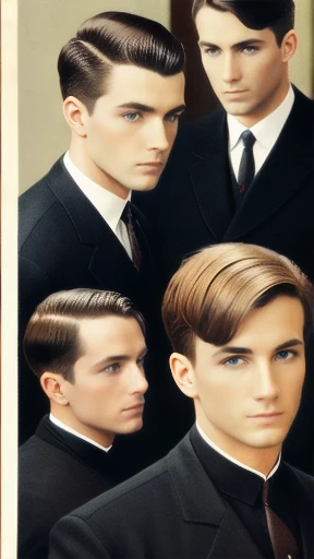 5 men gathered german short hair. focus on the face, color photo