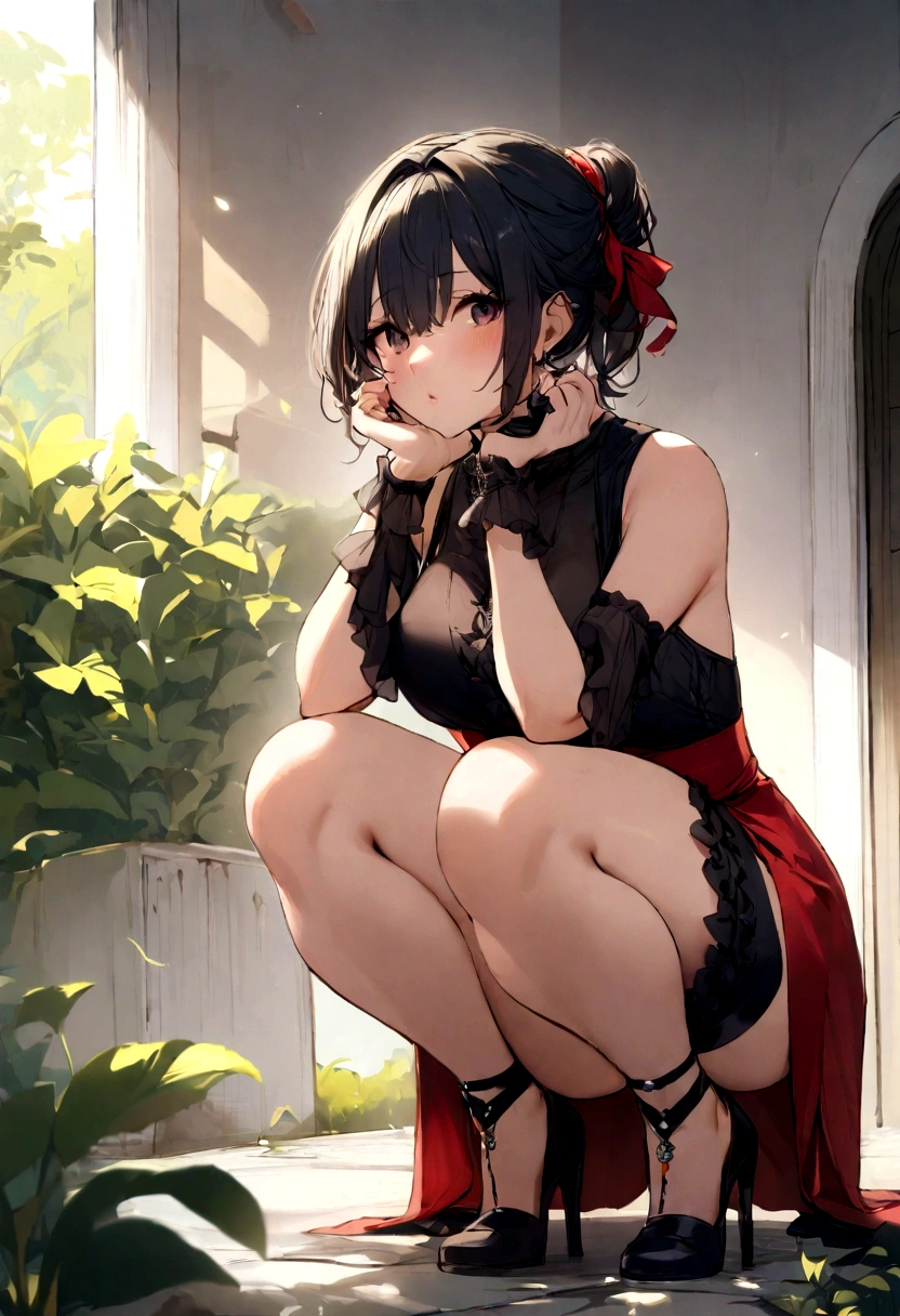 1girl, squatting,