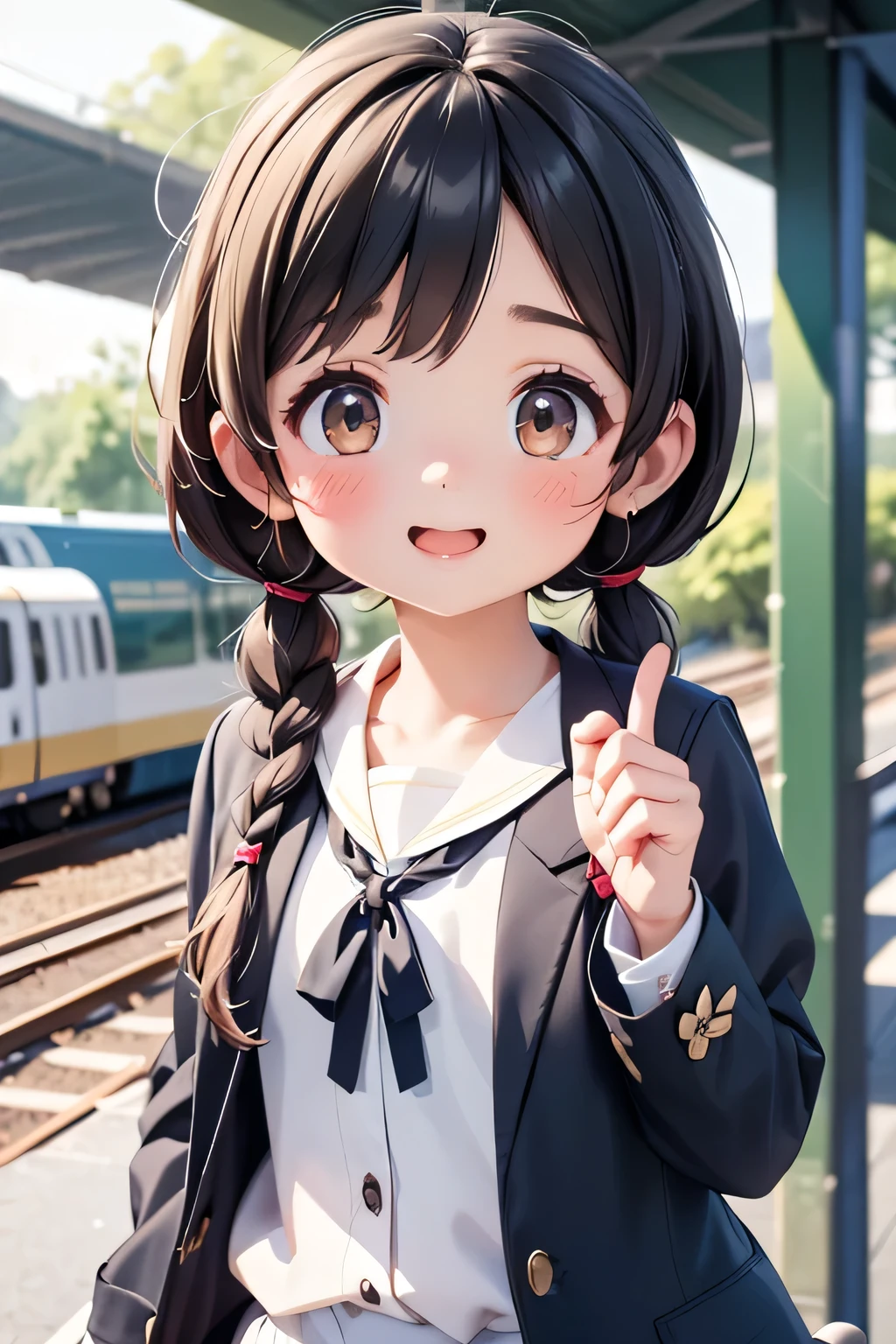 Highest quality、High resolution、Detailed Background、(Beautiful face in every detail:1.4)、Anatomically correct、(Hide your fingers:1.2)、(Detailed facial expressions)、(Detailed eyes:1.2)、 beauty、cute hair color、Braided Ponytail、Braided bob cut、Braided twin tails、Long Hair、well-groomed eyebrows、Perfect body line、Short-sleeved white sailor suit、White sailor collar、Checkered pleated mini skirt、White Stockings、In a joking manner、A fun atmosphere、A big smile、smile、Embrace each other、Cute gestures、(Two beautiful girls waiting for a train on the station platform)、cute