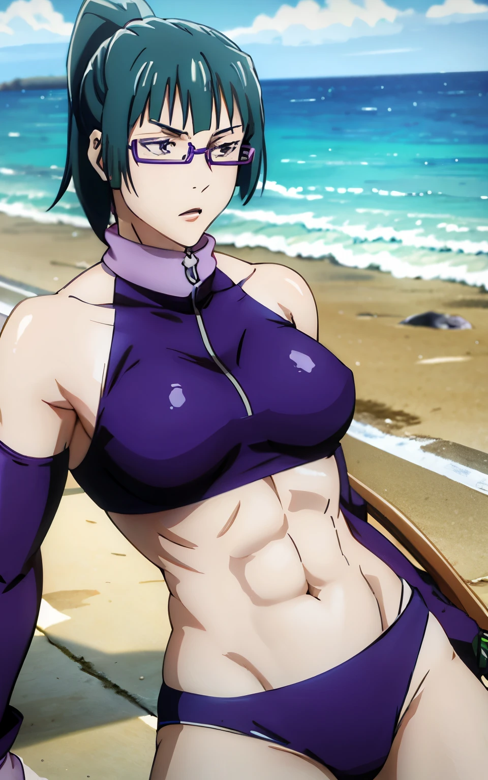 Maki Zenin, blue bikini, curved, dark green hair, well proportioned, muscular, large thighs, medium chest. purple glasses, beach background