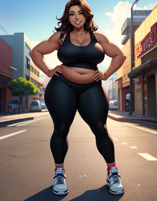 there is a Latina woman in a red tank top and shiny black leggings posing for a picture, plus sized milf, mature female, (dark-skinned female:1.5), long brown hair, (Wearing: red tank-top, black leggings, sneakers:1.2), looking at camera, wide smile, confident expression, teeth, sexy, very beautiful face, Curvy, wide load butt, in the city of Los Angeles