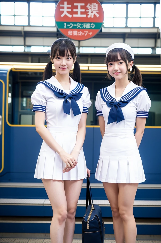 2 girls standing in Japanese railway station,short-sleeved white sailor leotard with blue skirt frills,red bow tie,school bags,18-year-old,bangs,a little smile,large bare thighs,knees,legs apart,short hair with low pigtails,from before,front light