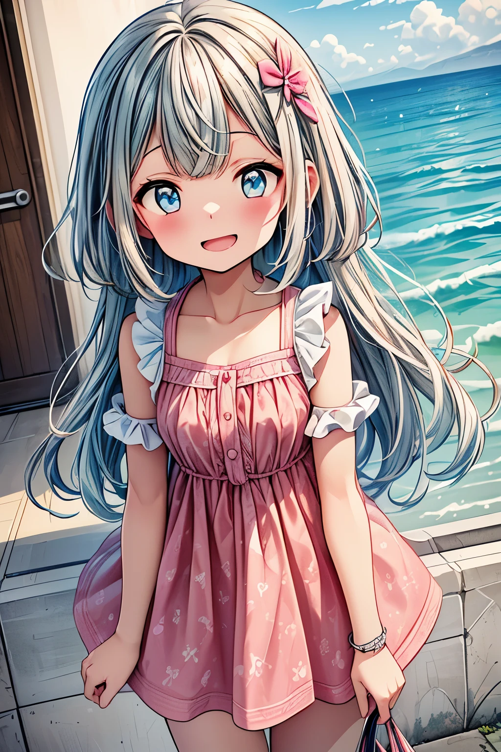(((masterpiece))), (Highest quality), (Super detailed), (very_expensive_solve), (big_file size), (Full Color), One Kemomiko Girl, Beautiful pink and white two-tone hair, Big and beautiful eyes, Blue Eyes, (The best smile), (smile: 1.1), (Open your mouth: 1.1), (Please open your eyes: 1.2), Seaside, ((空を飛んでるSeagullにfrench friesを食べさせている)), from behind, Cowboy Shot, ((Seagull)), ((french fries)), Oversized T-shirt, ((french friesを食べている)),