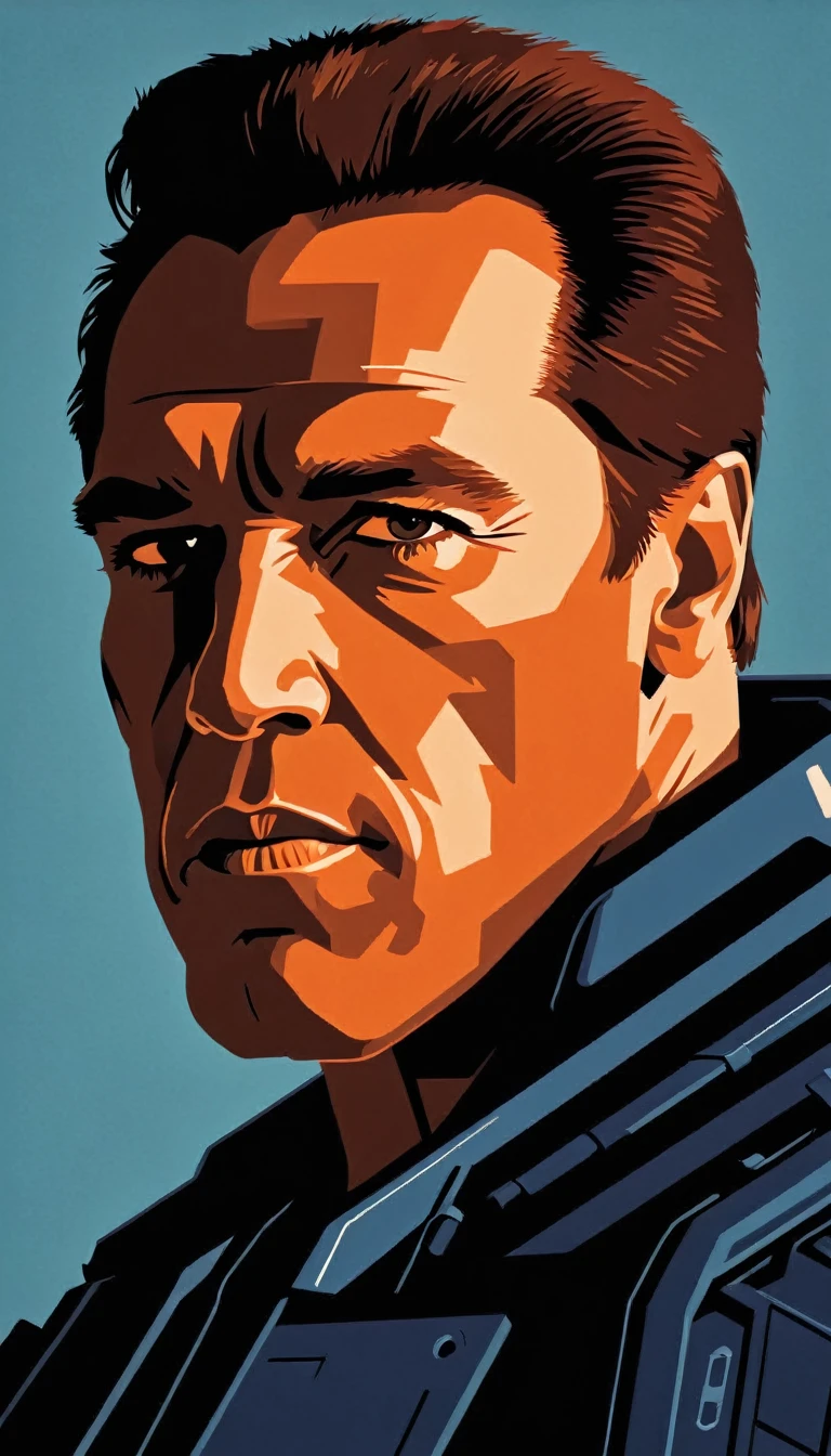 Vector art, vectorized, portrait, arnold Schwarzenegger as Terminator , Vector art, close up portrait, minimalized, toned colors,