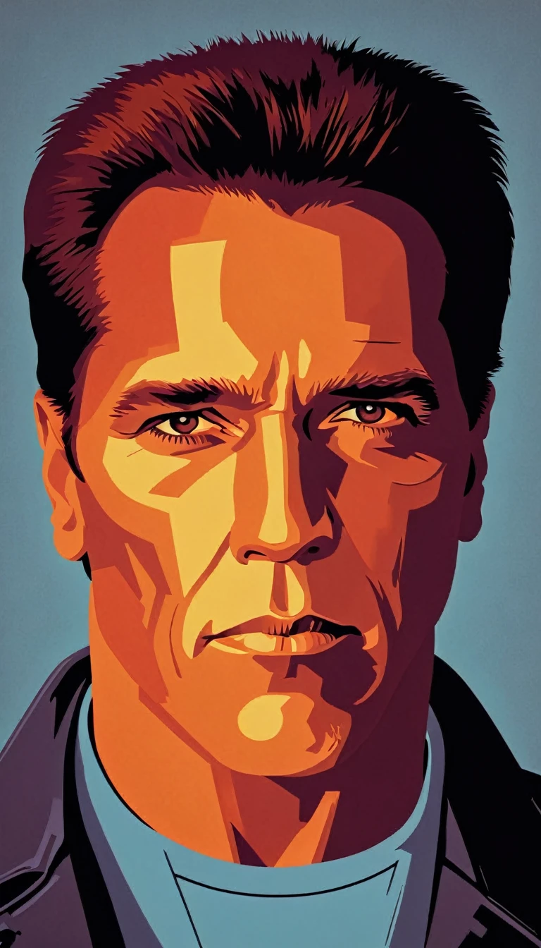 Vector art, vectorized, portrait, arnold Schwarzenegger as Terminator , Vector art, close up portrait, minimalized, toned colors,