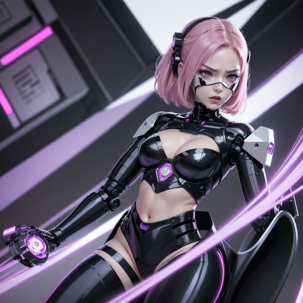 a girl with a sleek and attractive robotic body, featuring high-tech components. She has short pink hair, purple eyes, and an angry expression. She is wearing a robot mask that partially obscures her face, with her polished mechanical limbs and torso emphasizing her allure despite her intense emotions. wearing robot face mask