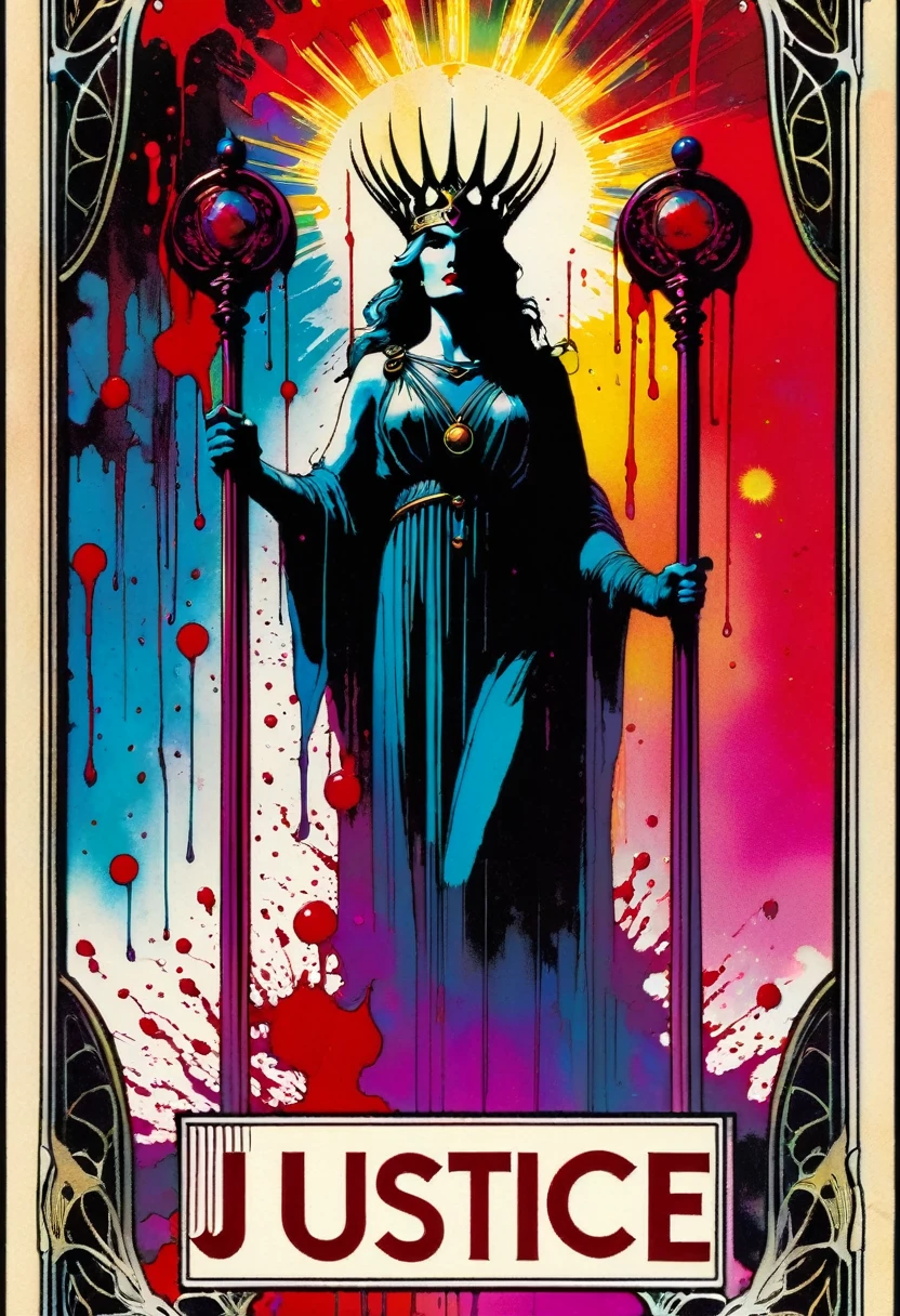 justice, artwork inspired by Bill Sienkiewicz, vivid colors, intricate details, oil.