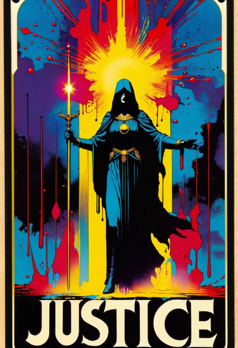 tarot card, a card, card : "JUSTICE", tarot card frame,vivid colors, blood splat (art inspired by Bill Sienkiewicz). text: JUSTICE
