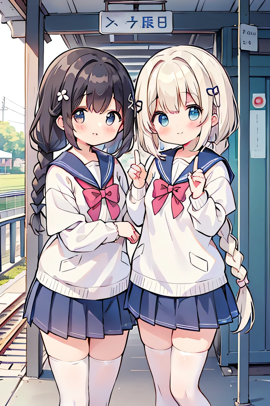 Highest quality、High resolution、Detailed Background、(Beautiful face in every detail:1.4)、Anatomically correct、(Hide your fingers:1.2)、(Detailed facial expressions)、(Detailed eyes:1.2)、Teenage beauty、cute hair color、Braided Ponytail、Braided bob cut、Braided twin tails、Long Hair、well-groomed eyebrows、Perfect body line、Short-sleeved white sailor suit、White sailor collar、Checkered pleated mini skirt、White Stockings、In a joking manner、A fun atmosphere、A big smile、smile、Embrace each other、Cute gestures、(Two beautiful girls waiting for a train on the station platform)、cute