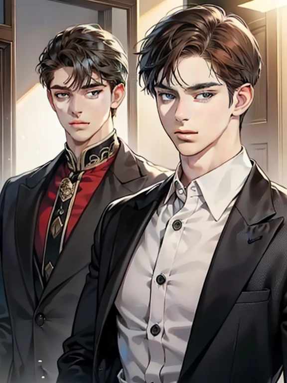 masterpiece, best quality, realistic, 1man, mature male, quiet and charming young man, 25 year old, serious look, closed mouth, portrait, extremely detailed face, cold smile, ((dark grey eyes)), ((short-right-swept dark brown hair)), [thick eyebrows], ((suit)), handsome, full body, western, Jewish, light brown skin,