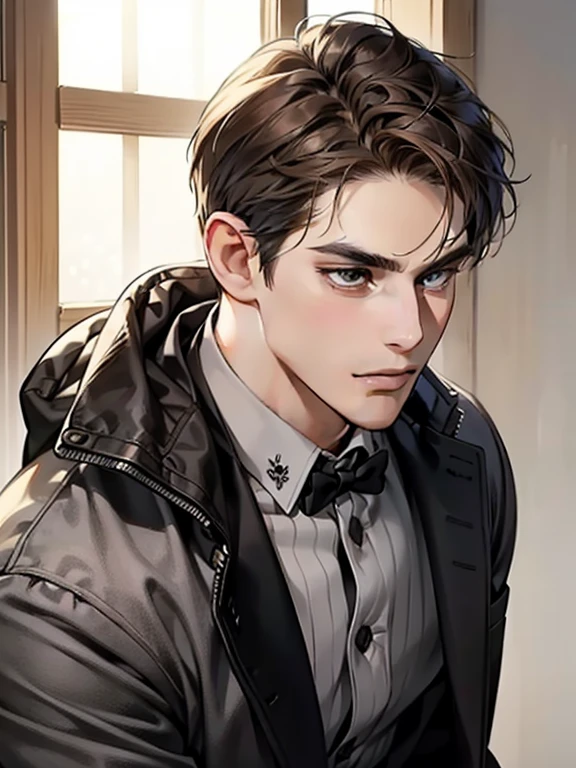 masterpiece, best quality, realistic, 1man, mature male, quiet and charming young man, 25 year old, serious look, closed mouth, portrait, extremely detailed face, cold smile, ((dark grey eyes)), ((short-right-swept dark brown hair)), [thick eyebrows], ((suit)), handsome, full body, western, Jewish, light brown skin,