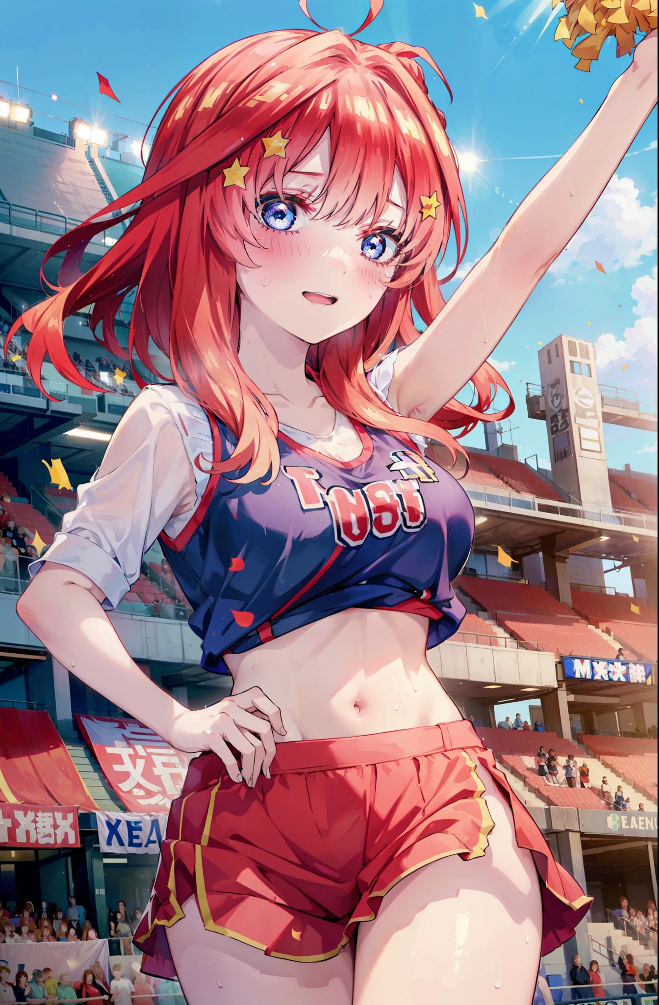 itsukinakano, Itsuki Nakano, bangs, blue eyes, hair between eyes, Ahoge, Redhead, star \(symbol\), happy smile, smile, Open your mouth,hair ornaments, star hair ornaments,(cheer leading), (whole body), Big Breasts, Lower, (Sweaty), Sweaty Wet Clothes (Red clothes), No sleeve,Belly button support, playground, (Jump), (Jump), 足を曲げてJumpする, air, blue sky, Grass原, smileのチアリーダー, Pom-pom \(cheer leading\), Grass, whole bodyがイラストに入るように,crowd, people々々,
break outdoors, Stadium,
break looking at viewer, whole body,
break (masterpiece:1.2), Highest quality, High resolution, unity 8k wallpaper, (shape:0.8), (Fine and beautiful eyes:1.6), Highly detailed face, Perfect lighting, Highly detailed CG, (Perfect hands, Perfect Anatomy),