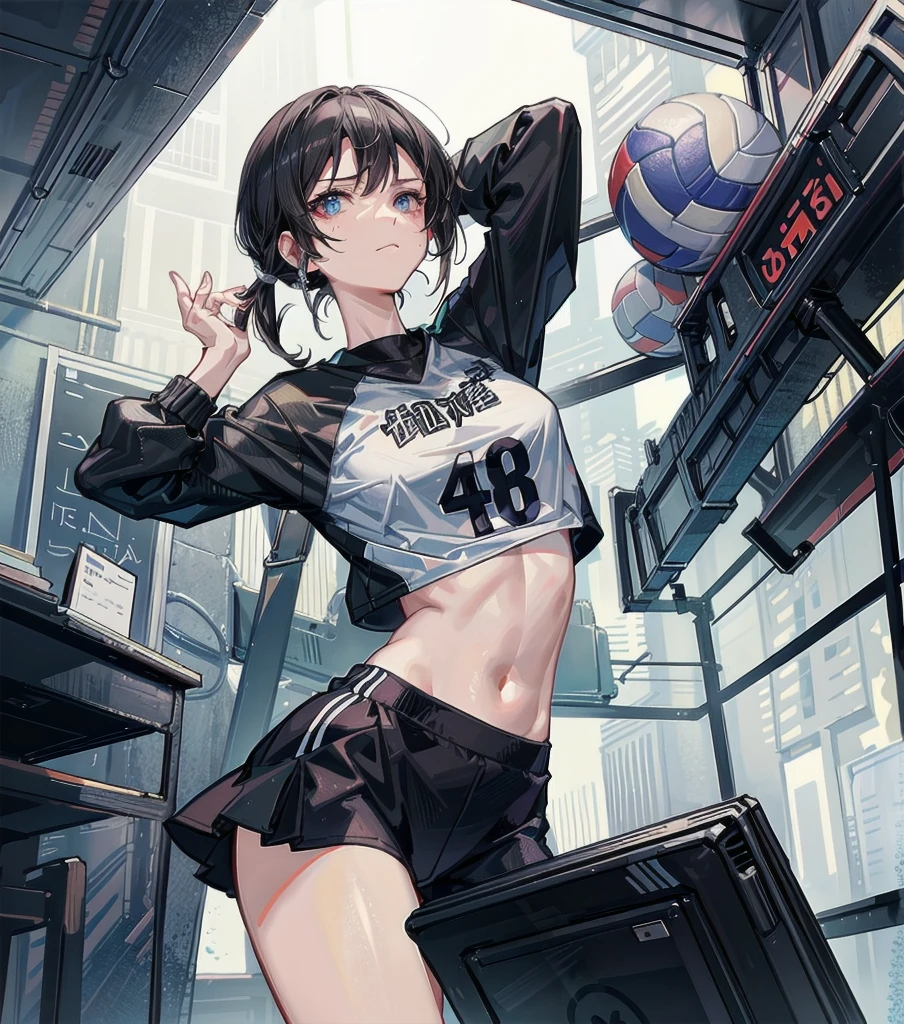 absurdres, RAW photo, extremely delicate and beautiful, masterpiece, Best Quality, ultra high resolution, 32k, hyperrealistic, ultra-detailed, detailed description, pale skin, 20 years old, detailed beautiful face and eyes, tearful mole, earring, Colossal tits, short medium hair, wavy hair, full body shot, alone, bare legs, volleyball uniform, shorts, midriff, sleeveless,