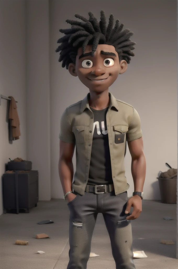 Um homem negro com cabelo raspado em degrade militar de 186 cm usando bermuda jeans acima do joelho e camisa preta calvin Klein