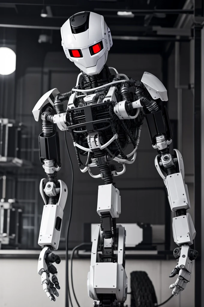 Cientifico construyendo un robot (blanco y negro)