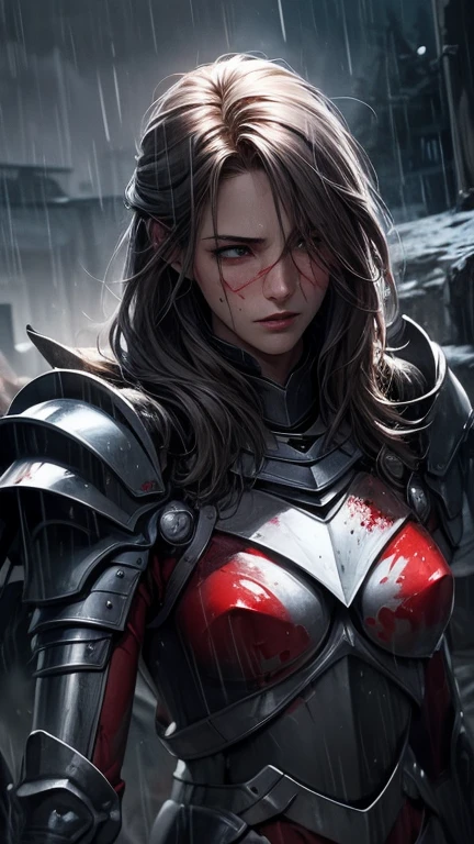 create an intense breath-taking picture of a female knight after bloody war, blood on her face, really tired expression, rain and thunder raging, watercolor effect, HD, 4K