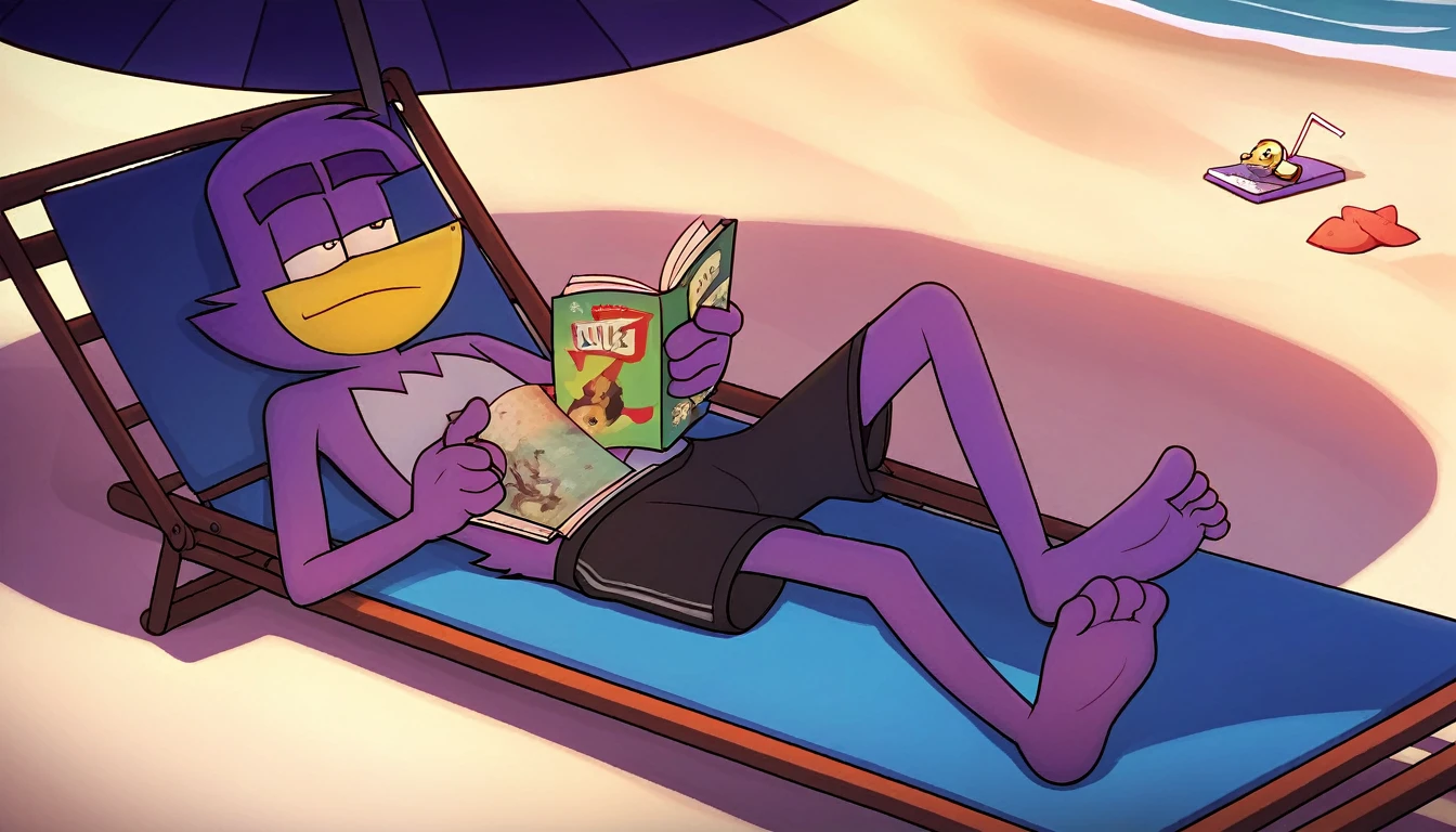 badmascot, solo, 1boy, pokemon (creature), mascot, full-size, dark background score_9, score_8_up, score_7_up, score_6_up, score_5_up, score_4_up, sunbathing, barefoot, swimming shorts, beach, sat in deck chair, reading a book, parasoul,