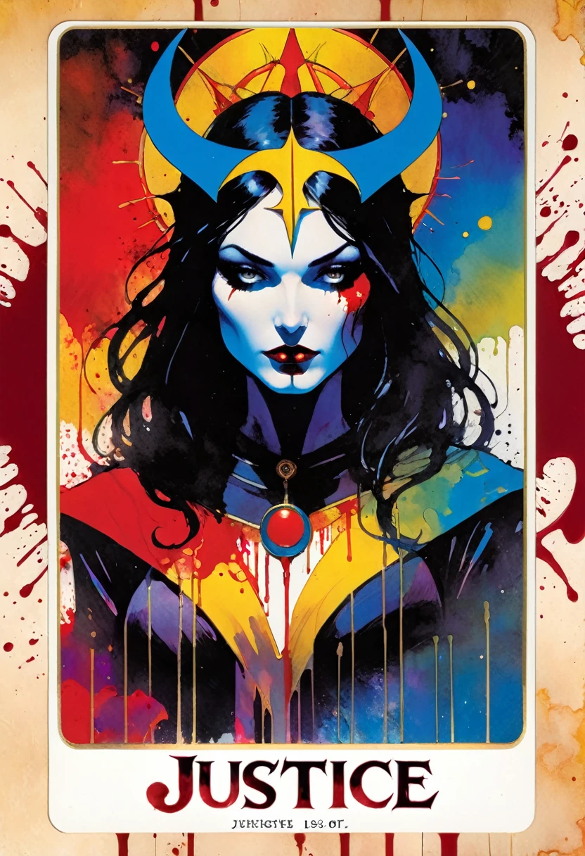 tarot card, a card, card : "JUSTICE", tarot card frame,vivid colors, blood splat (art inspired by Bill Sienkiewicz). text: JUSTICE