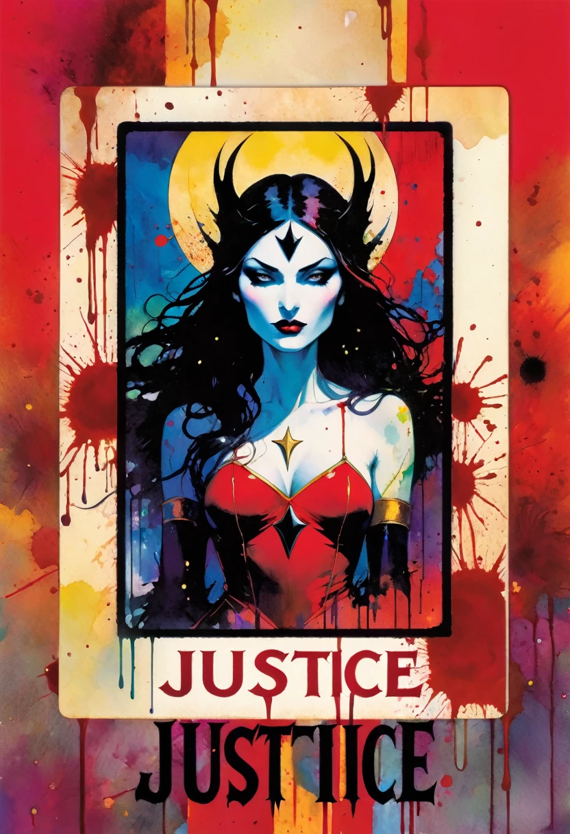 tarot card, a card, card : "JUSTICE", tarot card frame,vivid colors, blood splat (art inspired by Bill Sienkiewicz). text: JUSTICE
