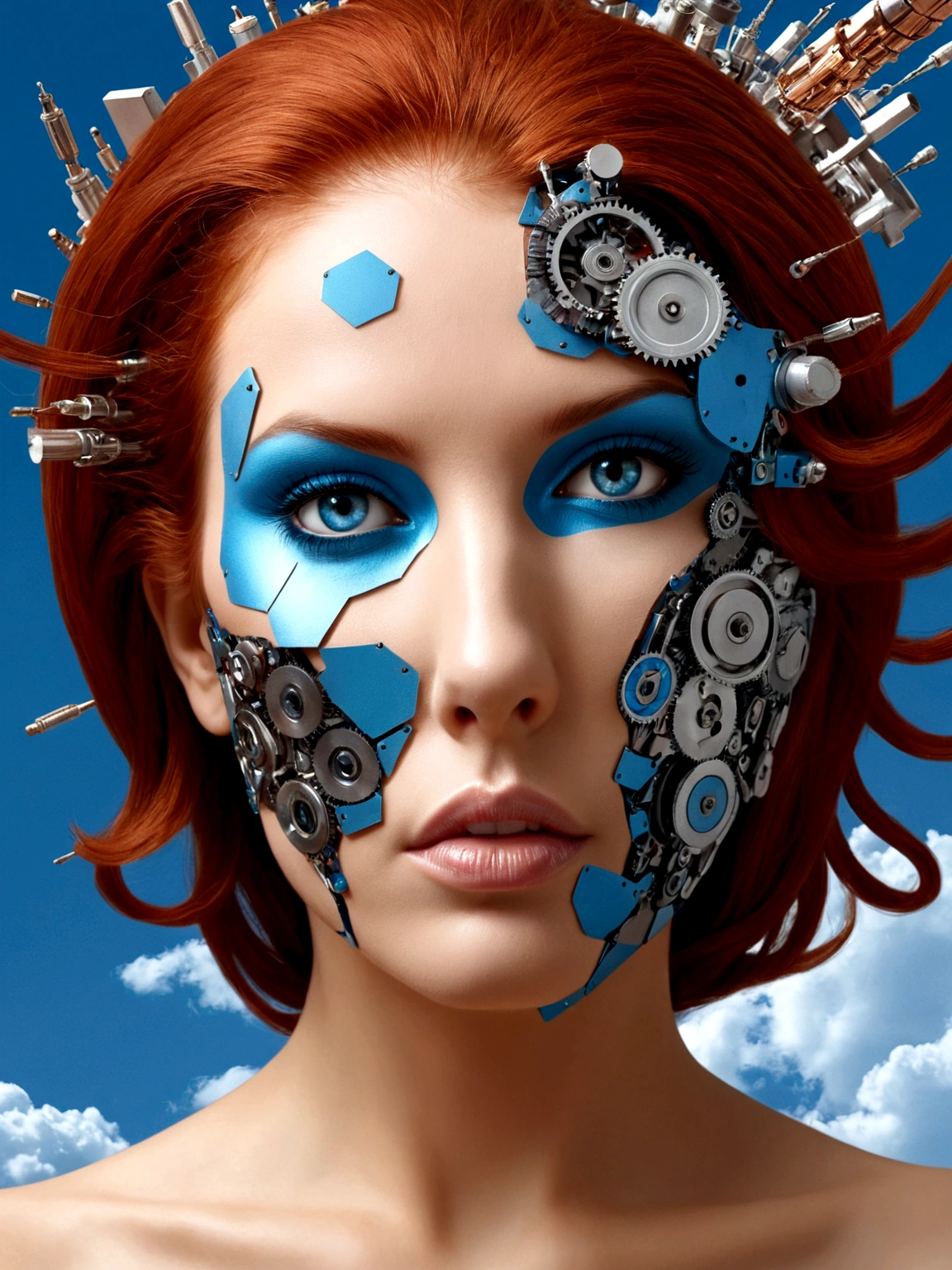 Beauty appearance , ruiva, Machine parts, that are embedded in the face, transitional, inspirado em Igor Morski, dramatic work of art, photo manipulation, Photo-Manipulation, decair, Explosion of data fragments,, Arte oficial, Detalhes incrivelmente altos, Arte do Photoshop, noise effect, azul claro, Also Pink
