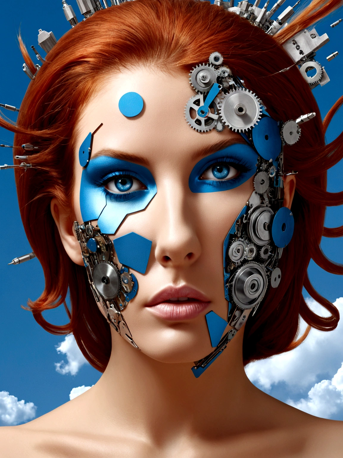 Beauty appearance , ruiva, Machine parts, that are embedded in the face, transitional, inspirado em Igor Morski, dramatic work of art, photo manipulation, Photo-Manipulation, decair, Explosion of data fragments,, Arte oficial, Detalhes incrivelmente altos, Arte do Photoshop, noise effect, azul claro, Also Pink