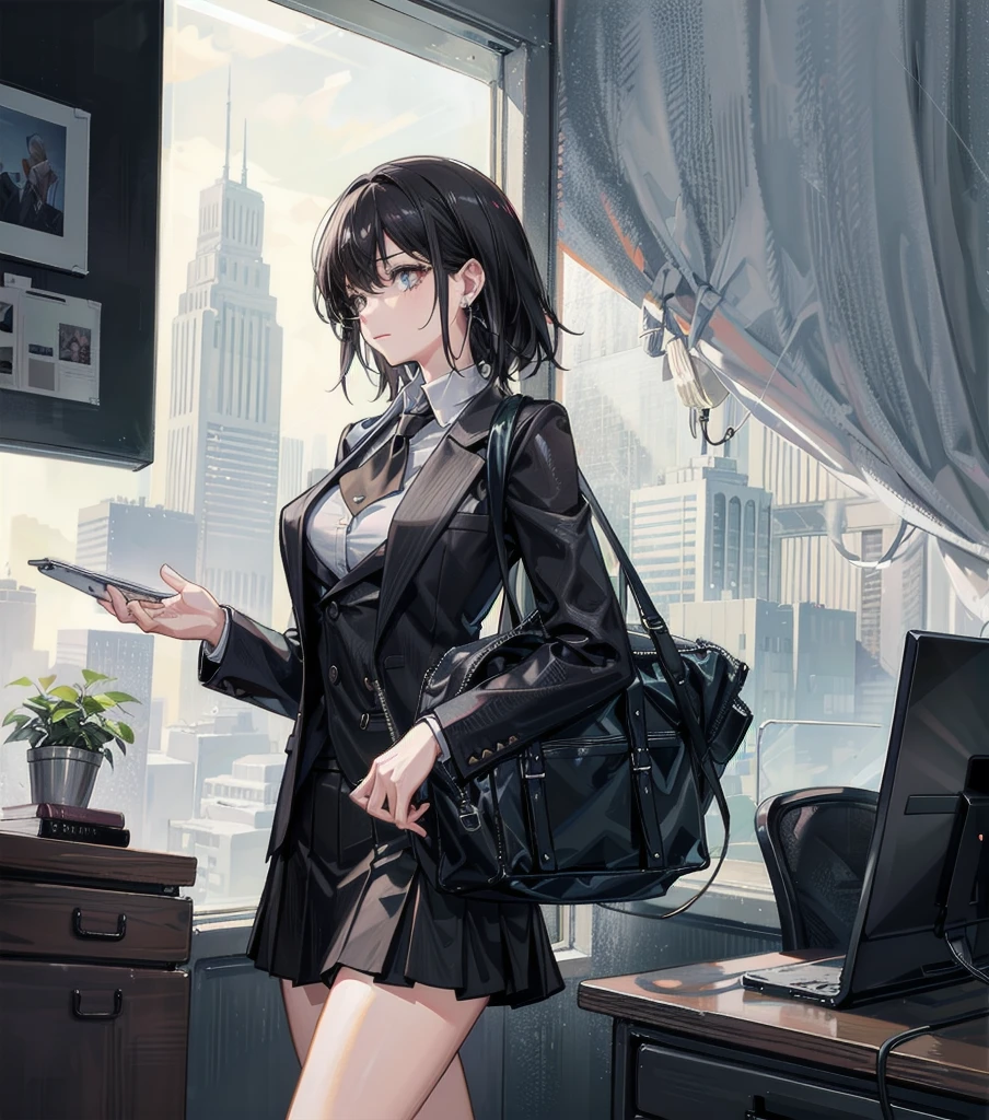 whole body, medium tits, medium hair, black hair, tearful mole, earring, business suit, blazer, blouse, short skirt, a clean and modern office interior, a woman working at a desk, large windows overlooking a city skyline, warm lighting, minimalist furniture, potted plants, laptop, coffee mug, geometric abstract artwork on the walls, natural wood tones, clean lines,