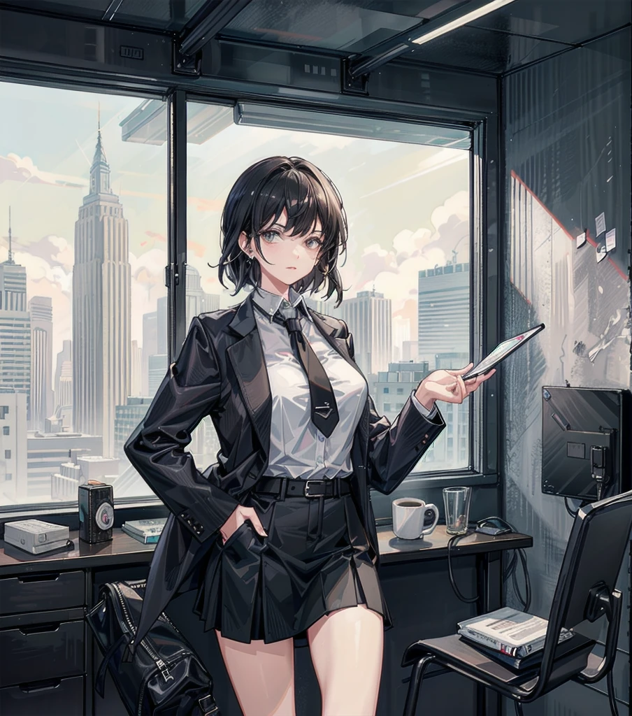whole body, medium tits, medium hair, black hair, tearful mole, earring, business suit, blazer, blouse, short skirt, a clean and modern office interior, a woman working at a desk, large windows overlooking a city skyline, warm lighting, minimalist furniture, potted plants, laptop, coffee mug, geometric abstract artwork on the walls, natural wood tones, clean lines,