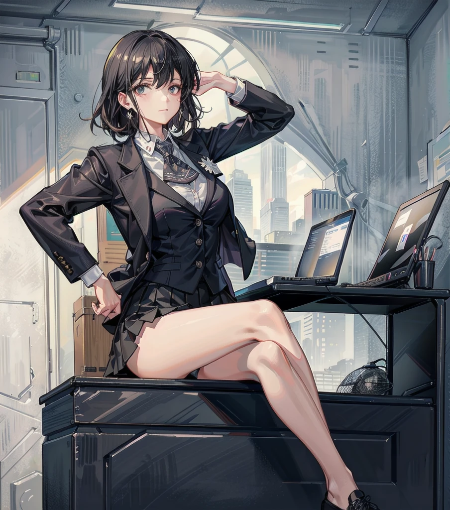 Office Lady、Black business suit、Side Tail、Wearing a fur-lined jumper、Shoulder Bare、Smiling with teeth showing、Naivety、Female about 19 years old