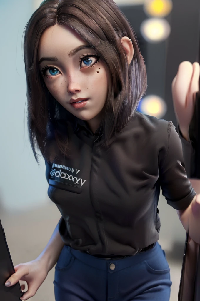 meme_samsung_sam_ownwaifu, www.ownwaifu.com, blue eyes, brown hair, shirt, short hair, mole, black shirt, blue nails, pants, freckles, lips, phone, cellphone, denim, official art,extremely detailed CG unity 8k wallpaper, perfect lighting,Colorful, Bright_Front_face_Lighting,shiny skin, (masterpiece:1.0),(best_quality:1.0), ultra high res,4K,ultra-detailed, photography, 8K, HDR, highres, (absurdres:1.2), Kodak portra 400, film grain, blurry background, (bokeh:1.2), lens flare, (vibrant_color:1.2),professional photograph, (beautiful_face:1.5),