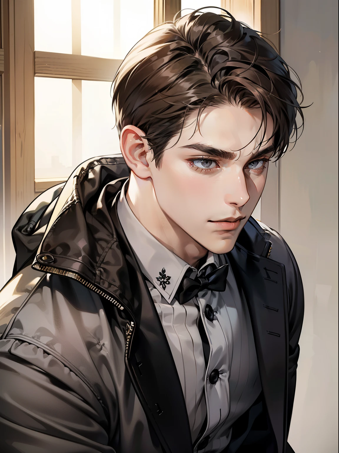 masterpiece, best quality, realistic, 1man, mature male, quiet and charming young man, 25 year old, serious look, closed mouth, portrait, extremely detailed face, cold smile, ((dark grey eyes)), ((short-right-swept dark brown hair)), [thick eyebrows], ((suit)), handsome, full body, western, Jewish, light brown skin,