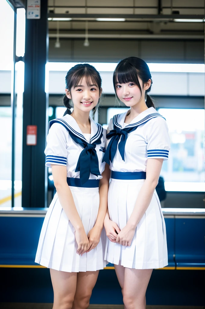 2 girls standing in Japanese railway station,short-sleeved white sailor leotard with blue skirt frills,red bow tie,school bags,18-year-old,bangs,a little smile,large bare thighs,knees,legs apart,short hair with low pigtails,from before,front light