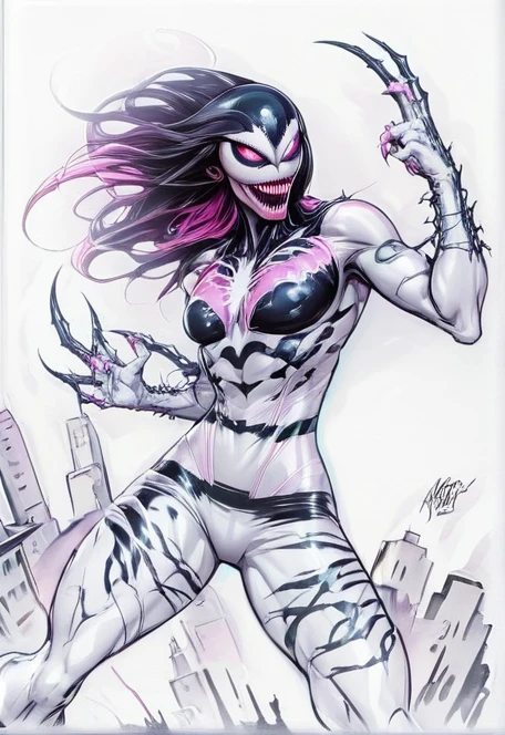 comic (Drawing:1.3) of (Sketch:1.3) a pink alien standing in front of a city, venom symbiote, symbiote, venom, official artwork hdr, screenshot from morbius 2022, hero pose colorful city lighting, 8k hd concept art, venomized, 8k render, 8 k high detail concept art, tor from marvel, background artwork, high detailed official artwork . graphic illustration, comic art, graphic novel art, vibrant, highly detailed