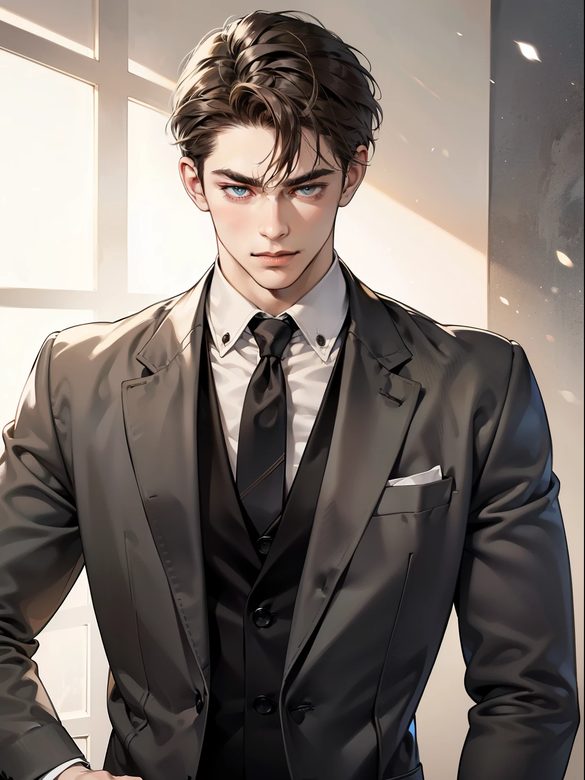 masterpiece, best quality, realistic, 1man, mature male, quiet and charming young man, 25 year old, serious look, closed mouth, portrait, extremely detailed face, cold smile, ((dark grey eyes)), ((short-right-swept dark brown hair)), [thick eyebrows], ((suit)), handsome, full body, western, Jewish, light brown skin,