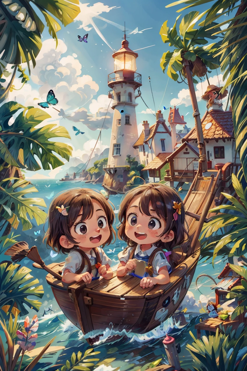 Generates an image of two happy  very young girls sailing on a boat, waves, sea, sky with white clouds. colorful butterflies, lighthouse in the background,