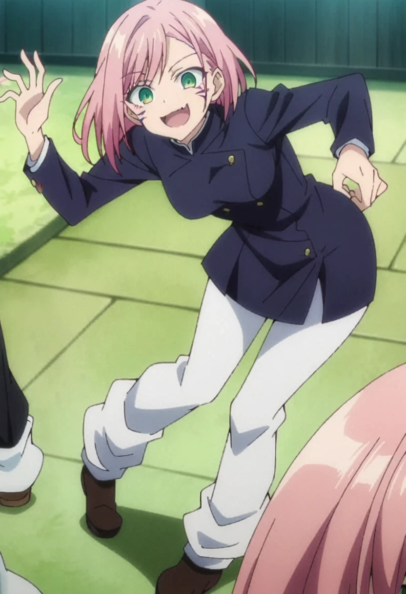 score_9, score_8_up, score_7_up, source_anime, rating_safe, anime screencap, (masterpiece), best quality, expressive eyes, ((excited)), (unique bangs), (himecut), ((dark blue gakuran)), (half lidded eyes), (smile), (eye markings), (blushing), ((1girl)), (leg warmers), (pink hair), (straight hair), (bangs), (green eyes), makeup, bangs (standing pose), cotton tights