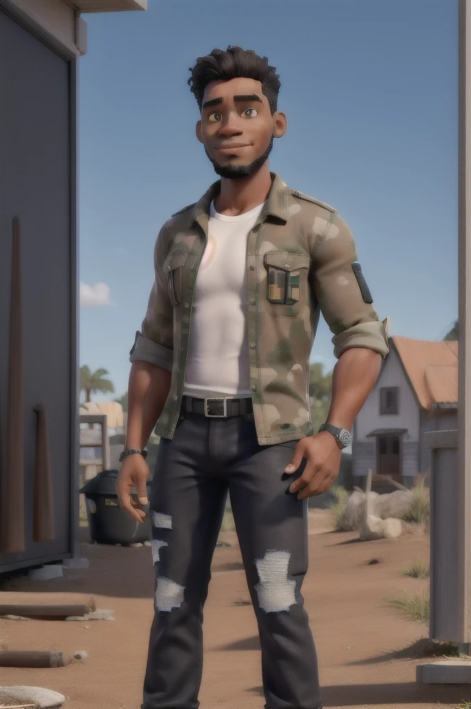 Um homem negro com cabelo raspado baixo em degrade militar de 186 cm usando bermuda jeans acima do joelho e camisa preta calvin Klein e sem barba, athletic body