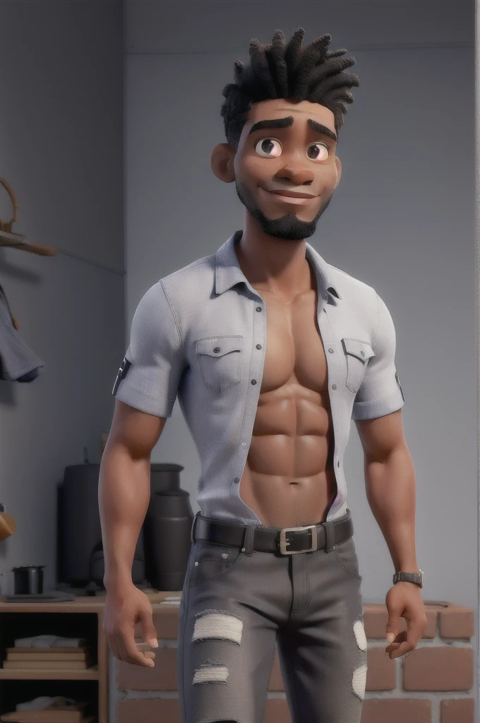 Um homem negro com cabelo raspado baixo em degrade militar de 186 cm usando bermuda jeans acima do joelho e camisa preta calvin Klein e sem barba, athletic body