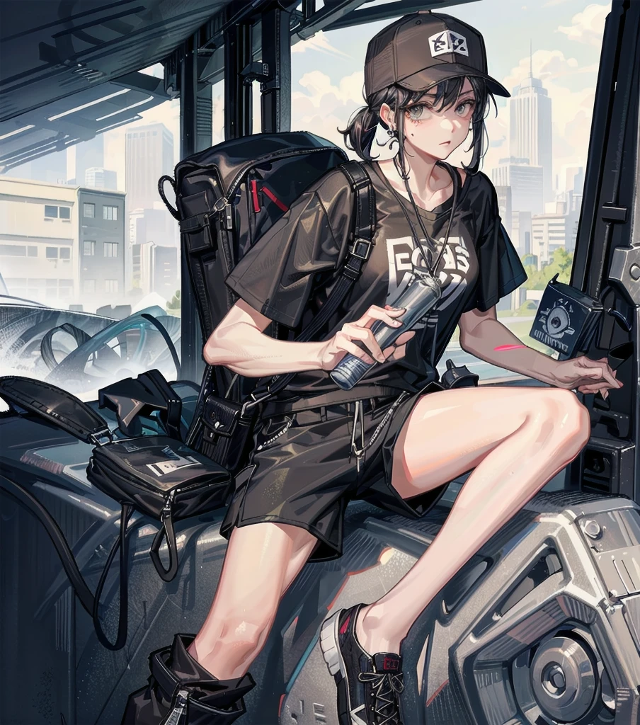 whole body, medium tits, medium hair, black hair, tearful mole, earring, baseball cap, black T-shirt, baggy cargo shorts,