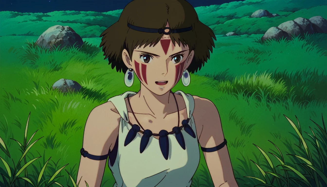score_9, score_8_superior, score_7_superior, PDXL, Ghibli Style, One girl, alone, View your viewers, short hair, Open your mouth, Brown Hair, Brown eyes, jewelry, Earrings, necklace, Bare arms, night, head band, Facial blemishes, Grass, Face Paint