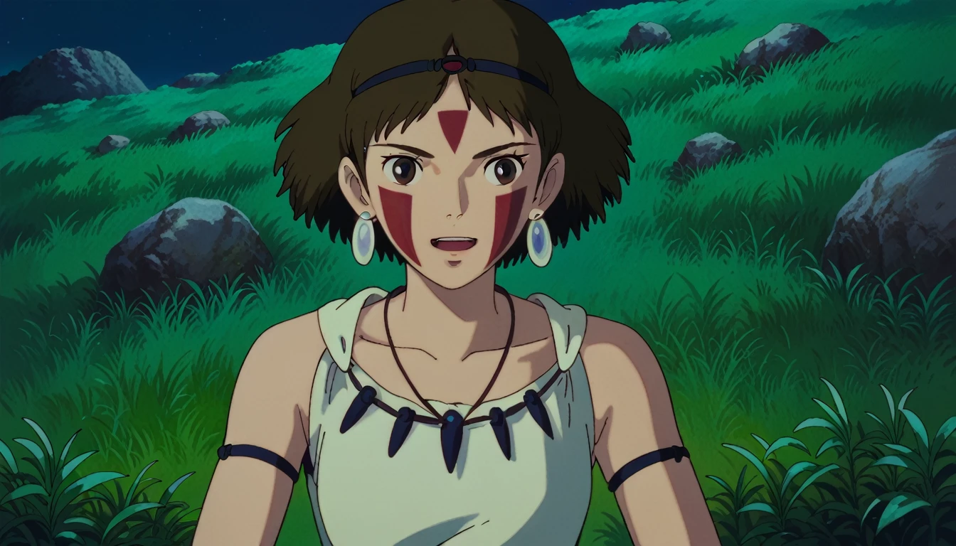 score_9, score_8_superior, score_7_superior, PDXL, Ghibli Style, One girl, alone, View your viewers, short hair, Open your mouth, Brown Hair, Brown eyes, jewelry, Earrings, necklace, Bare arms, night, head band, Facial blemishes, Grass, Face Paint