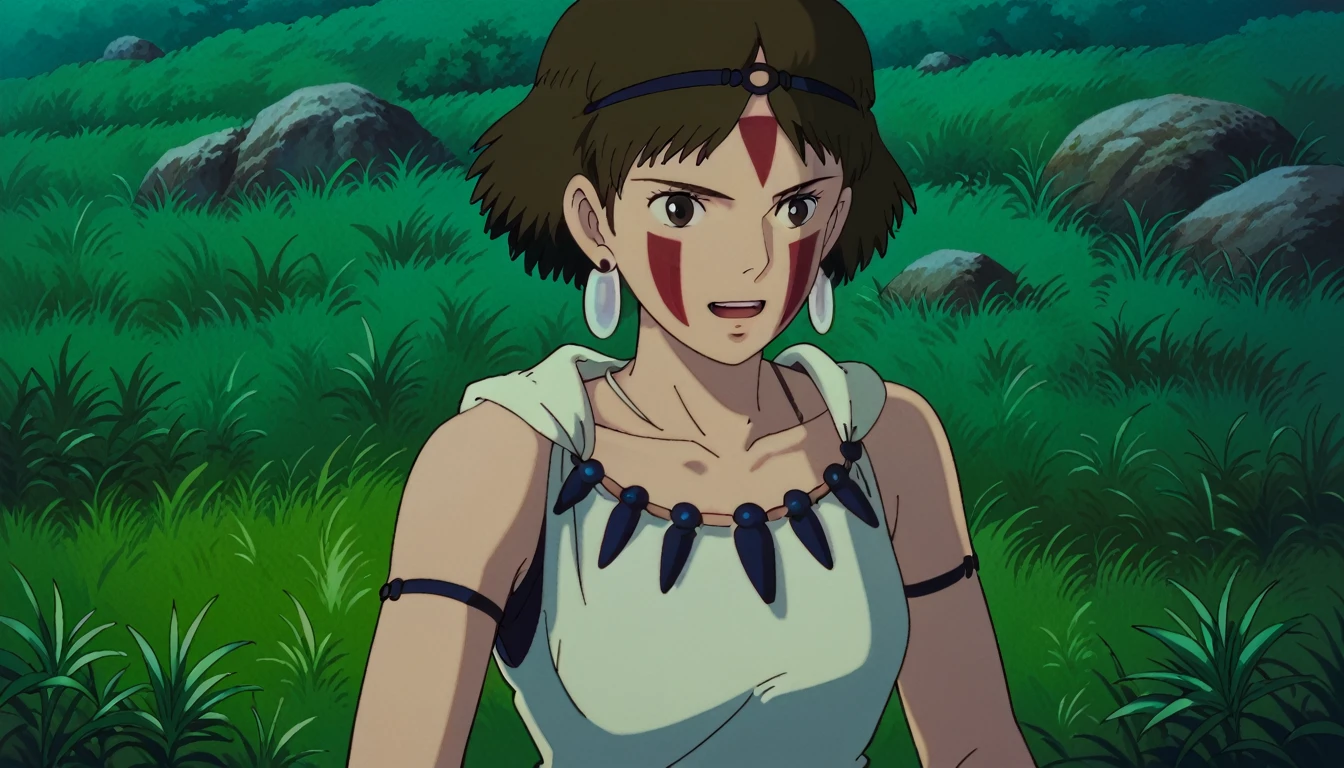 score_9, score_8_superior, score_7_superior, PDXL, Ghibli Style, One girl, alone, View your viewers, short hair, Open your mouth, Brown Hair, Brown eyes, jewelry, Earrings, necklace, Bare arms, night, head band, Facial blemishes, Grass, Face Paint