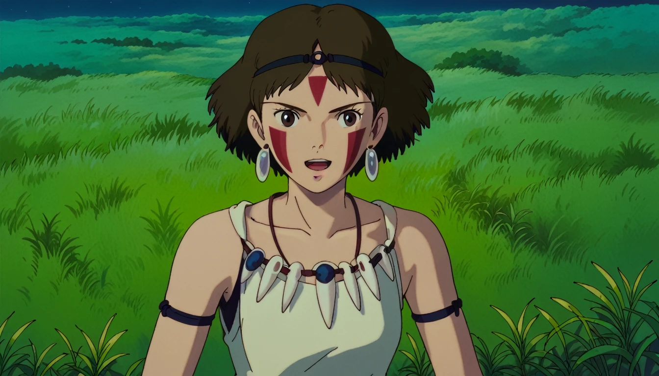 score_9, score_8_superior, score_7_superior, PDXL, Ghibli Style, One girl, alone, View your viewers, short hair, Open your mouth, Brown Hair, Brown eyes, jewelry, Earrings, necklace, Bare arms, night, head band, Facial blemishes, Grass, Face Paint