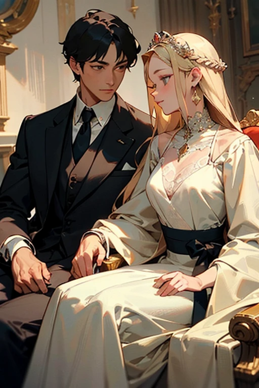 An ancient princess sat side by side with a man dressed in men's clothing, elegant and luxurious((best quality)), ((masterpiece)), (detailed), perfect face