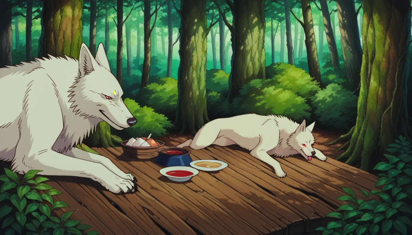 score_9, score_8_superior, score_7_superior, sauce_anime, PDXL, Ghibli Style, No humans, forest, wood, Focus on animals, Wolf, White fur