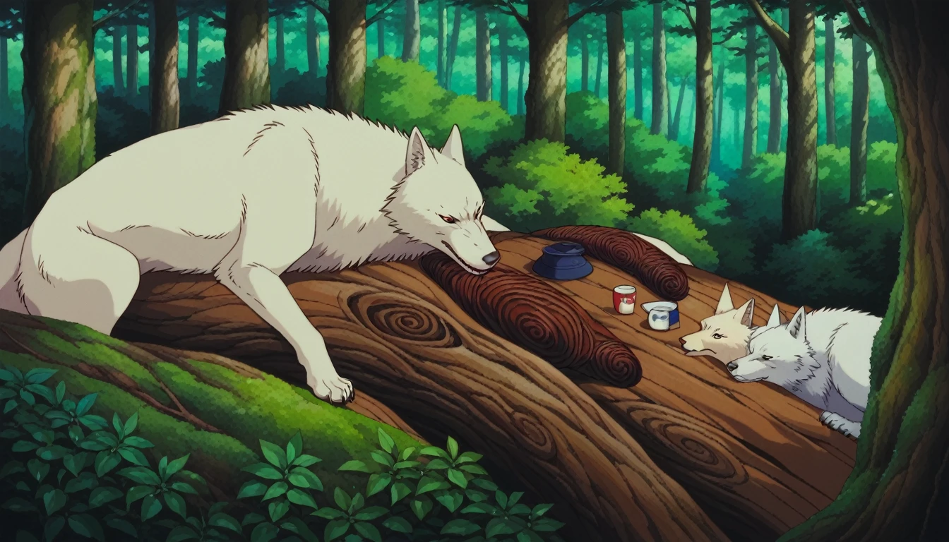 score_9, score_8_superior, score_7_superior, sauce_anime, PDXL, Ghibli Style, No humans, forest, wood, Focus on animals, Wolf, White fur