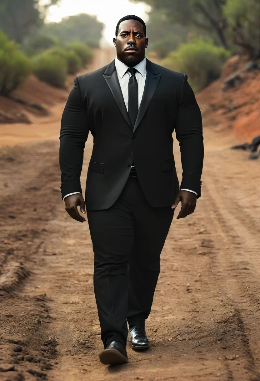 Shawt,a black man,in a black suit,walking down a dirt road,pixar art style