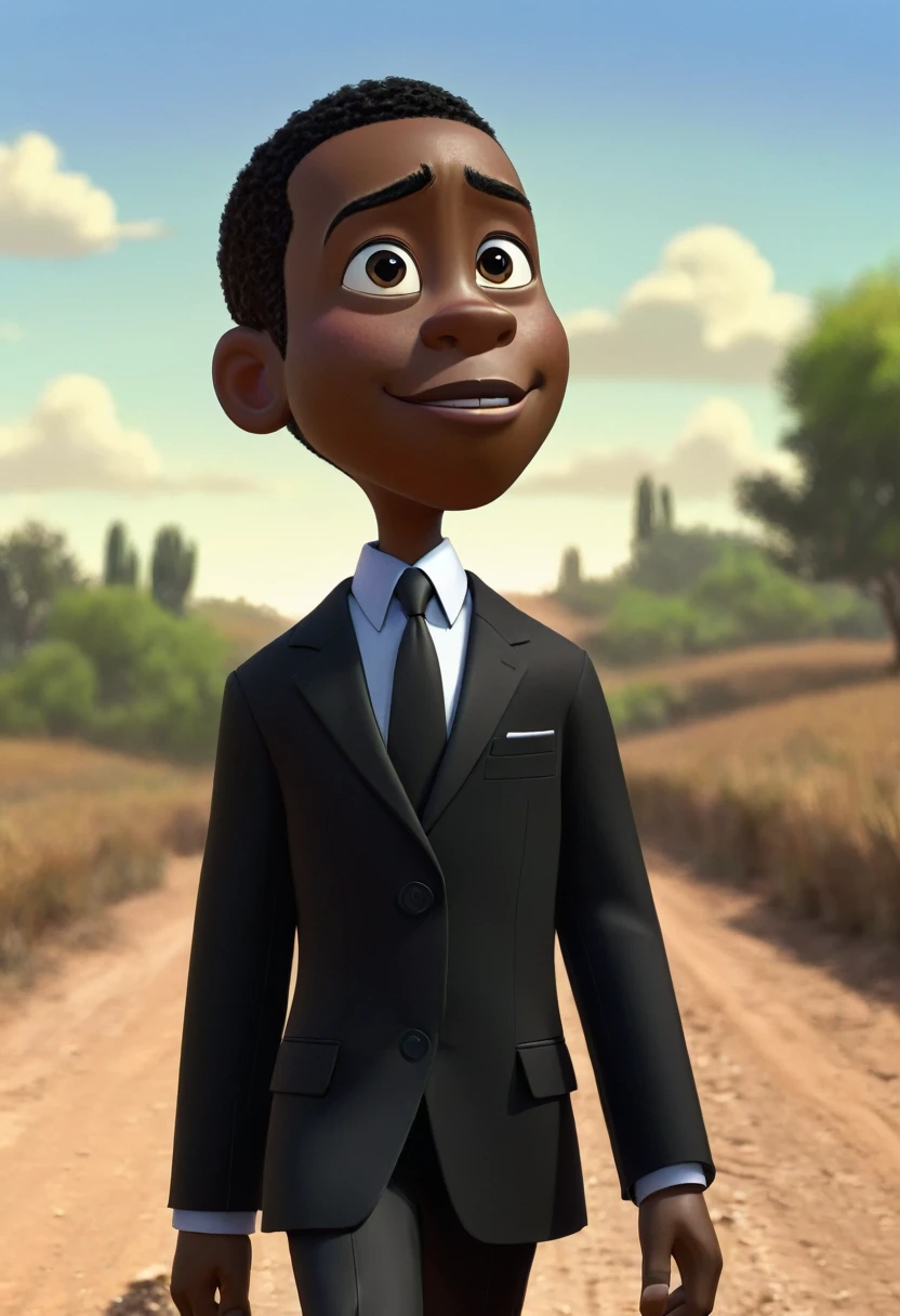 Shawt,a black man,in a black suit,walking down a dirt road,pixar art style