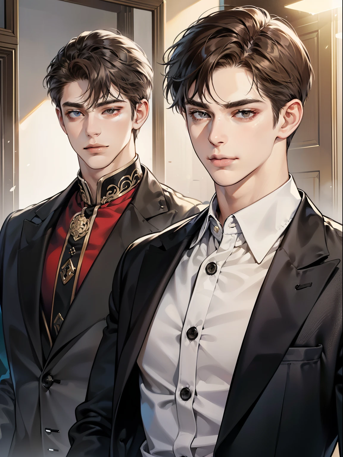 masterpiece, best quality, realistic, 1man, mature male, quiet and charming young man, 25 year old, serious look, closed mouth, portrait, extremely detailed face, cold smile, ((dark grey eyes)), ((short-right-swept dark brown hair)), [thick eyebrows], ((suit)), handsome, full body, western, Jewish, light brown skin,