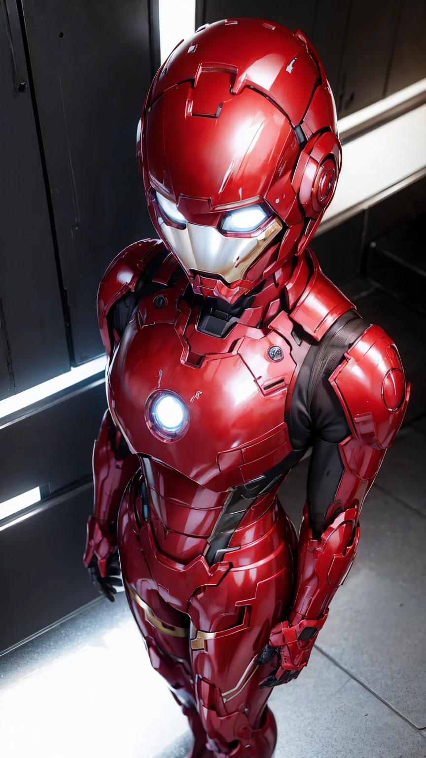 Highest quality 8k red armor Iron Man Suit Middle-aged women Sweaty face short hair Steam coming out of my head My hair is wet with sweat Black Hair ((Character Focus)) Full body portrait